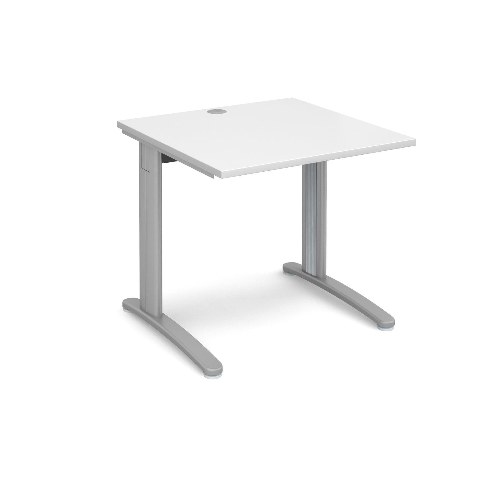 a desk with a white top and silver legs