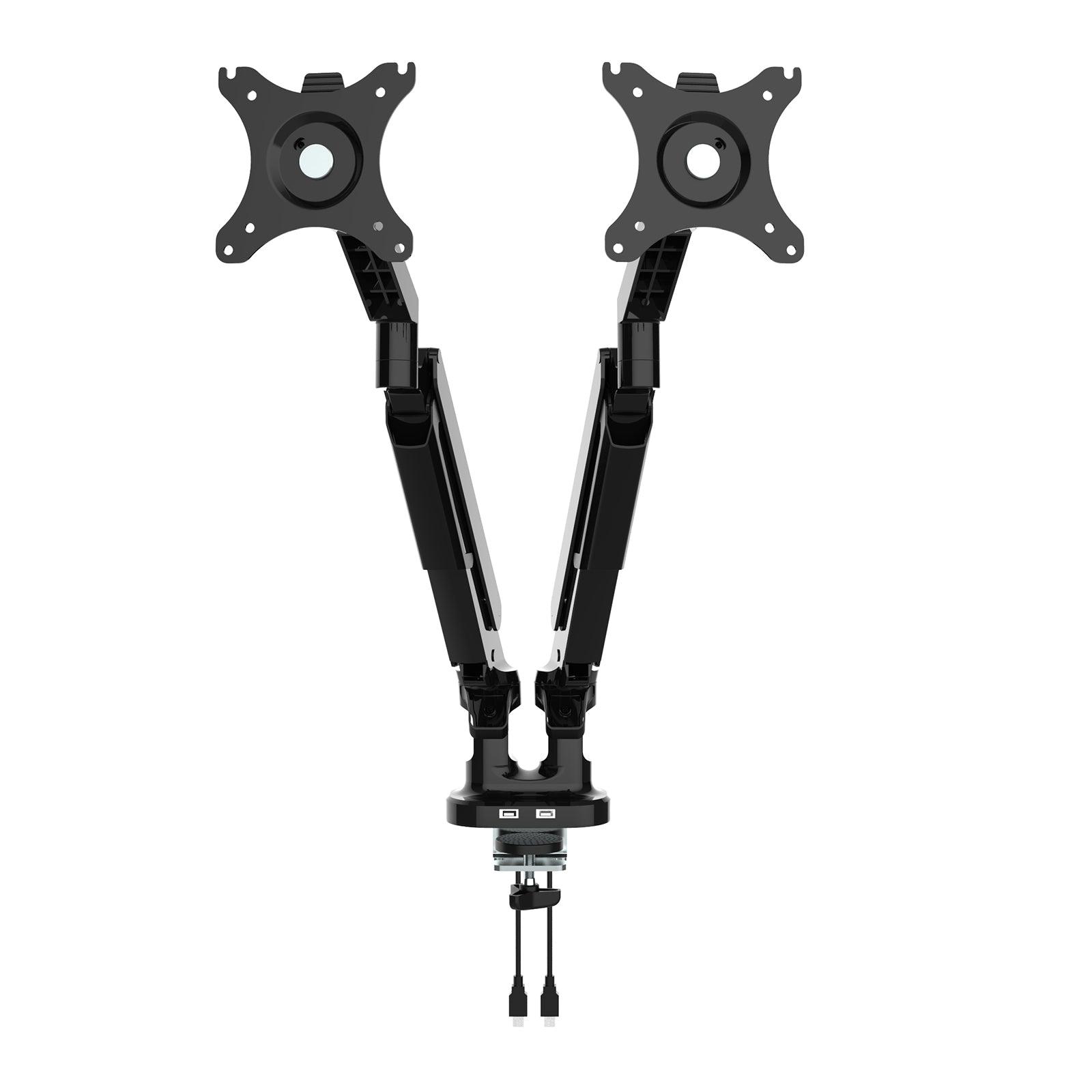 a pair of black and silver tv mounts