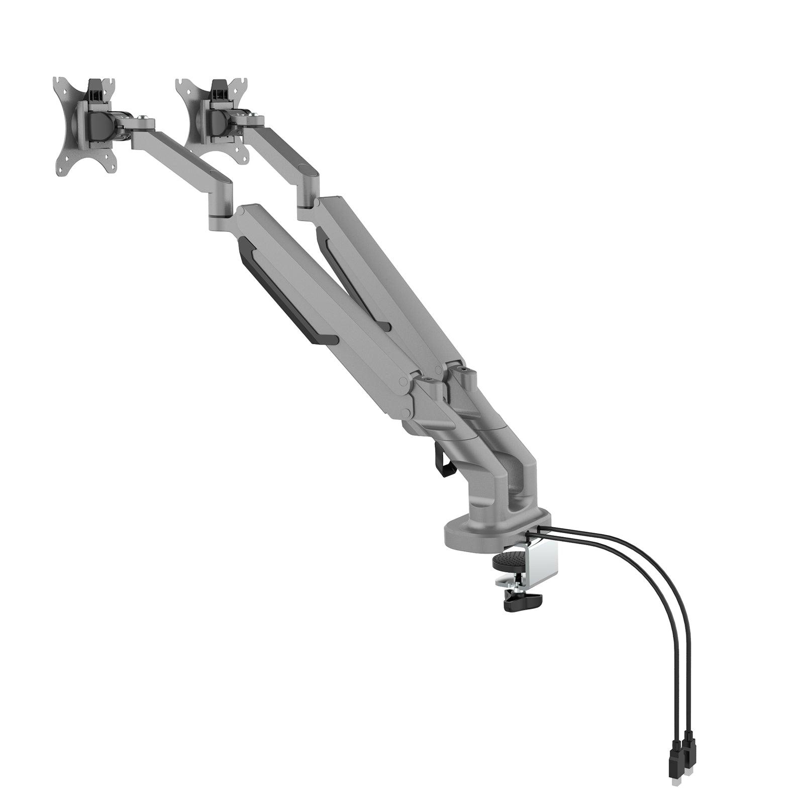 a computer monitor arm with two monitors attached to it