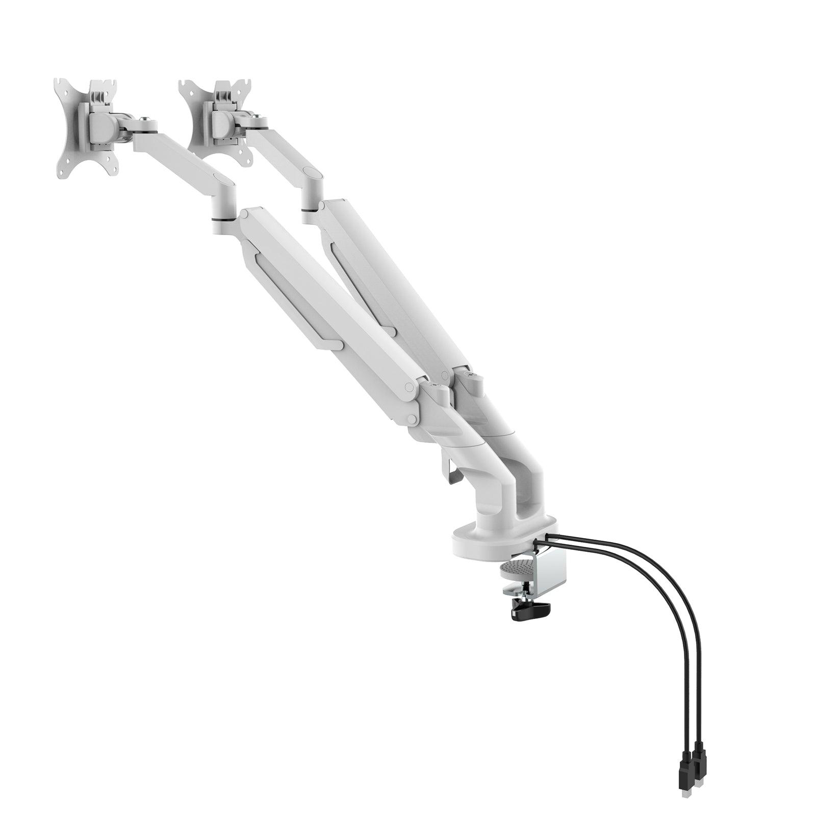 a computer monitor arm with two monitors attached to it