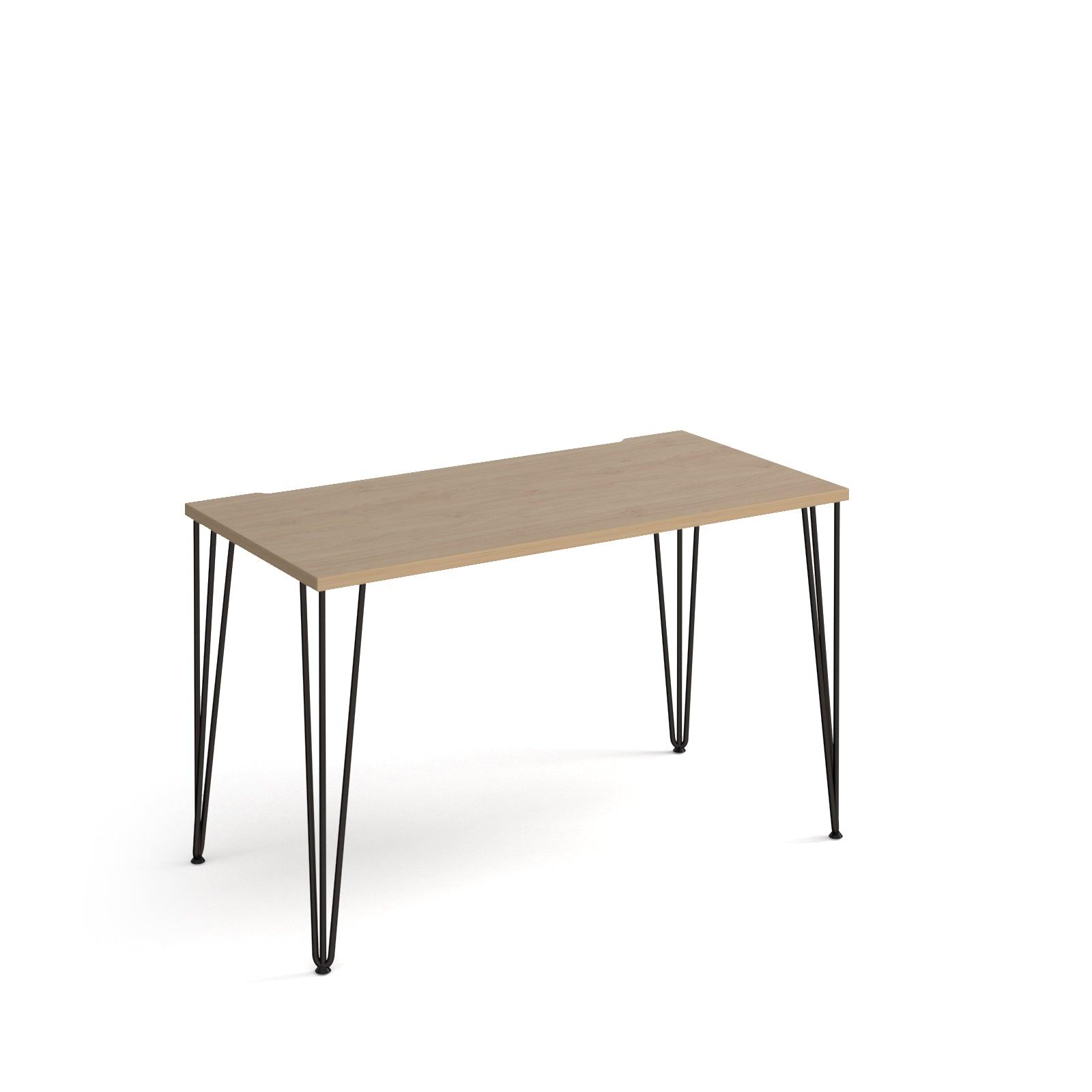 a table with hairpin legs and a wooden top