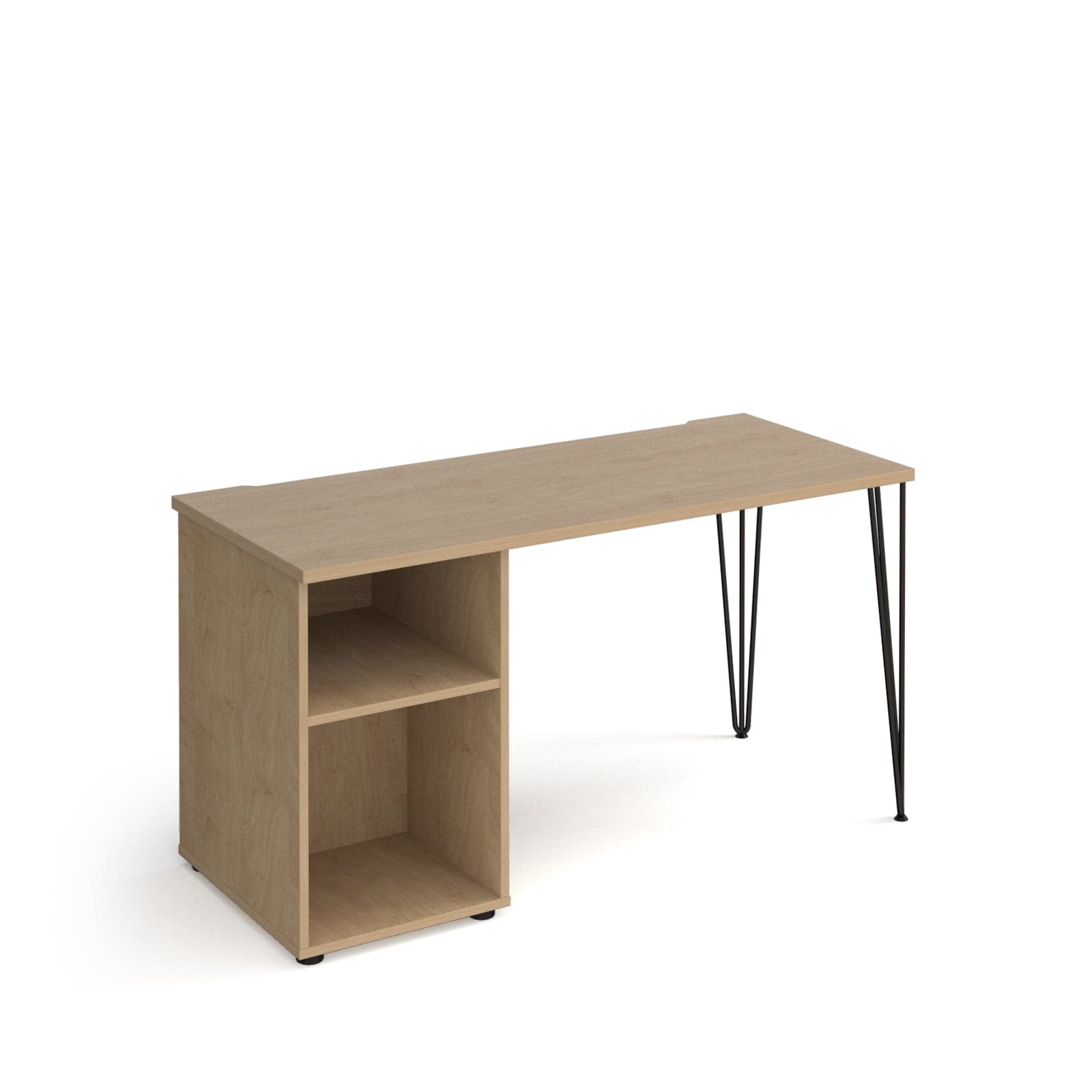 a wooden desk with black hairpinks on the legs