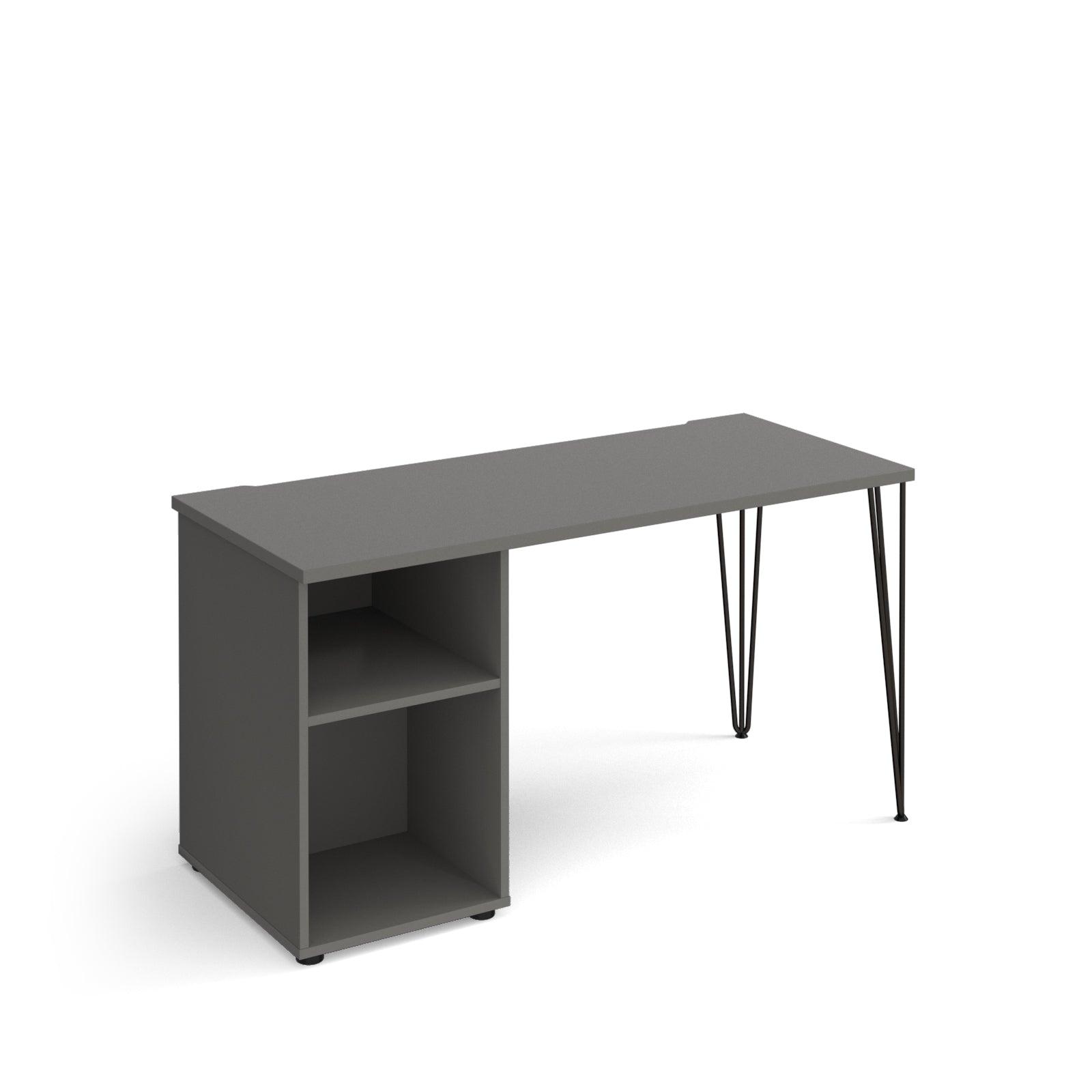 a gray desk with two black legs and a shelf