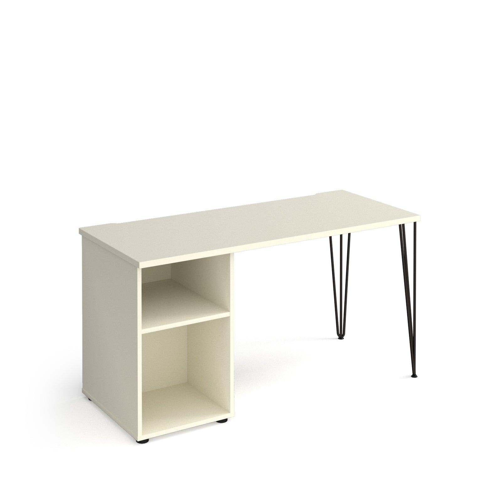 a white desk with black legs and a shelf