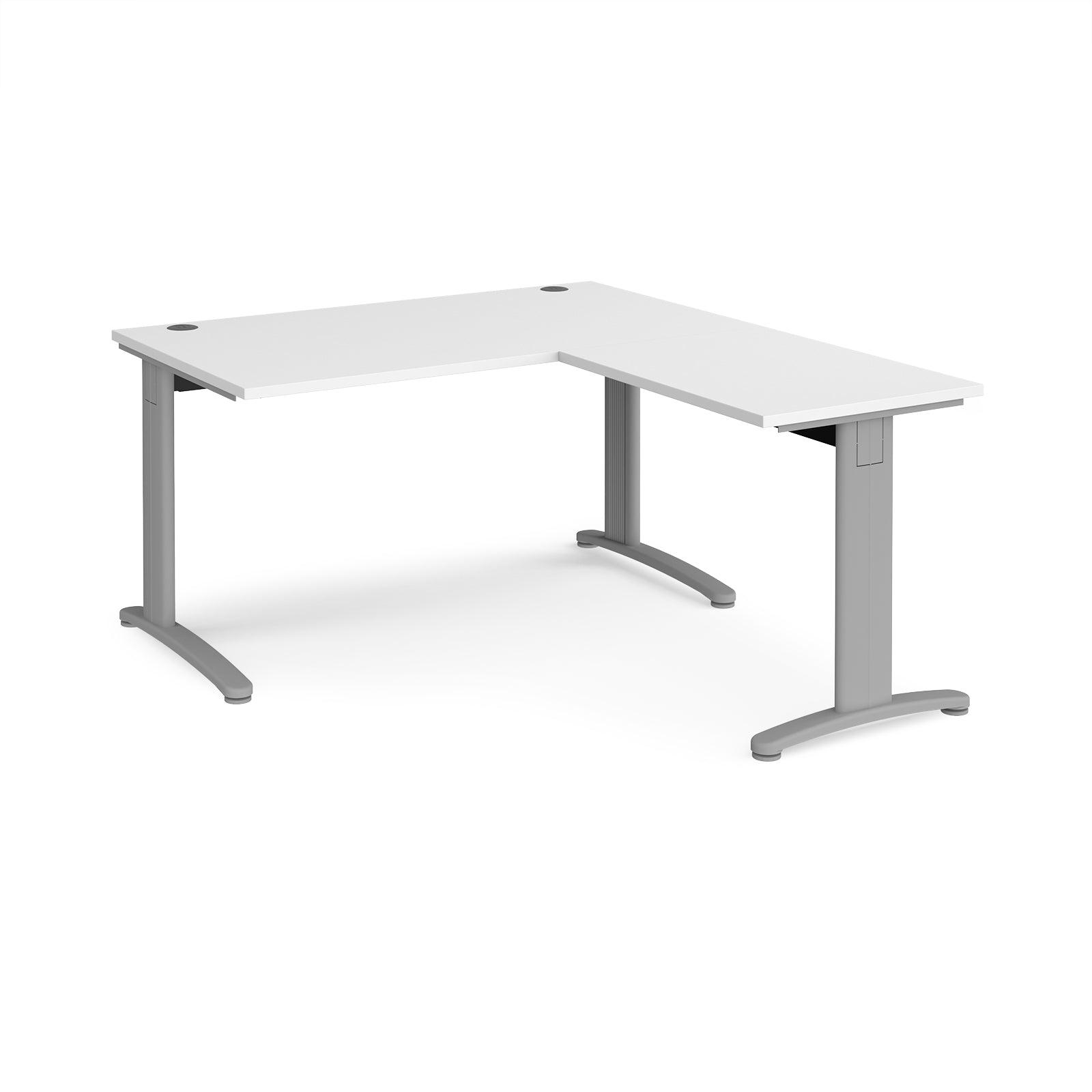 a computer desk with a white top and silver legs