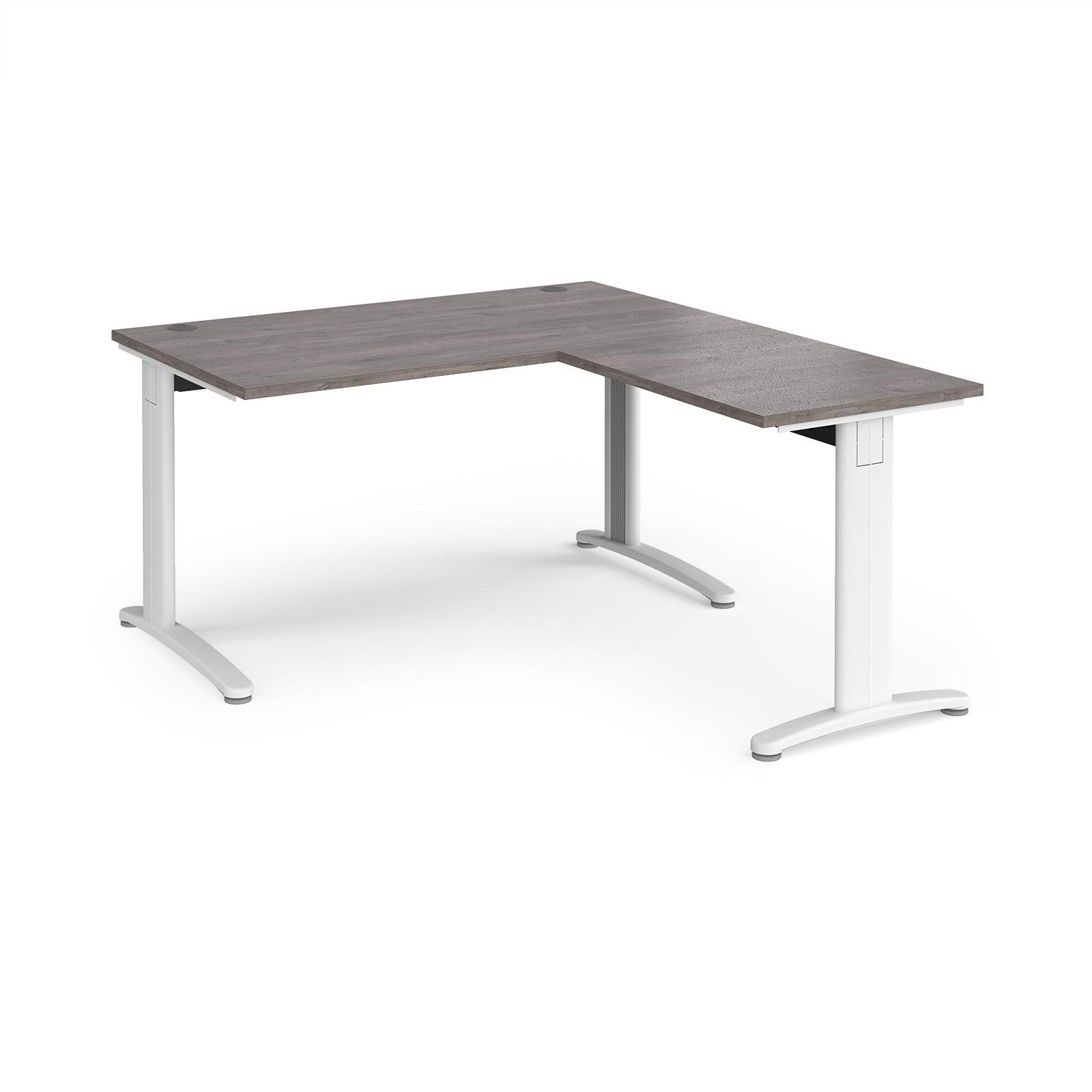 a desk with a white base and a gray top