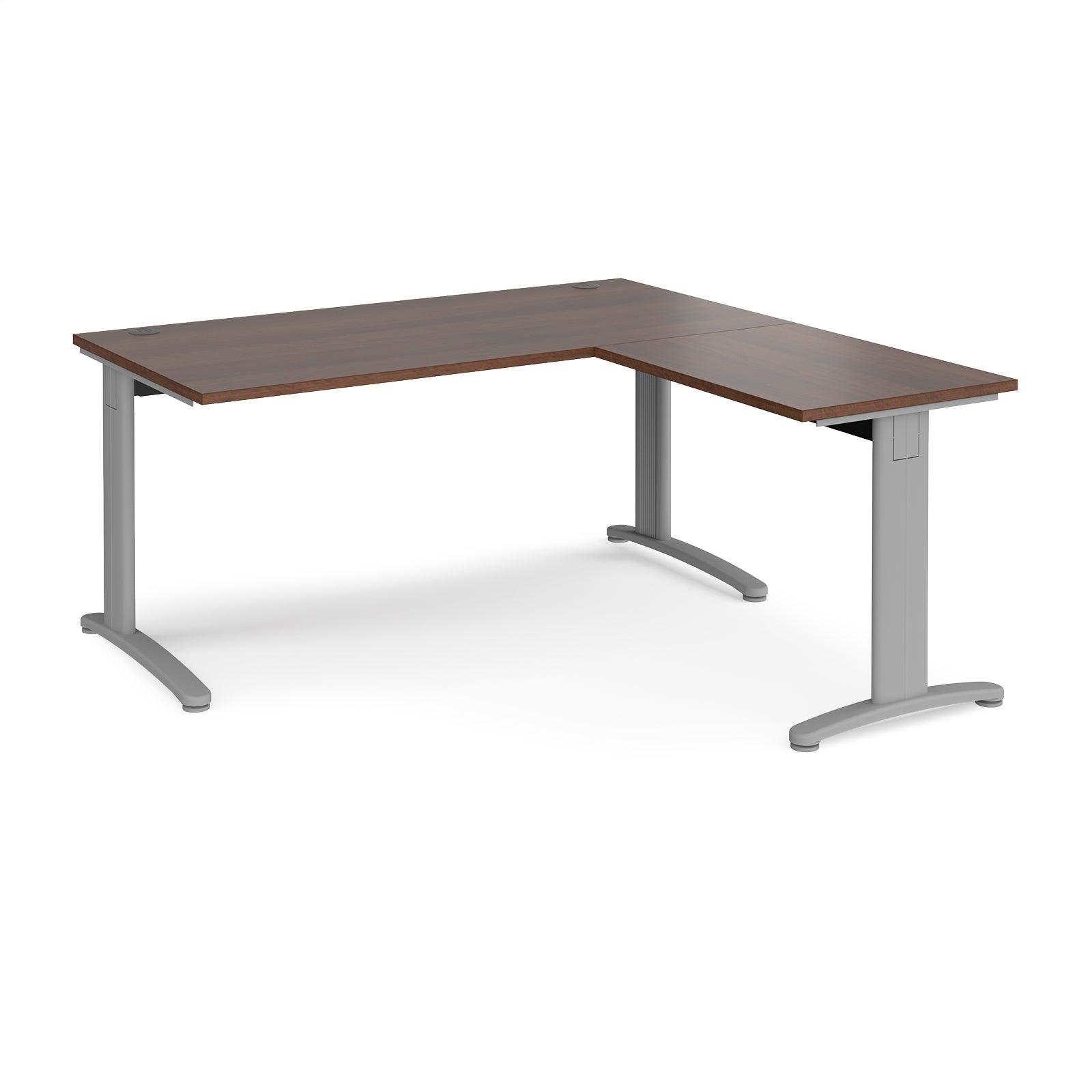 a desk with a wooden top and silver legs