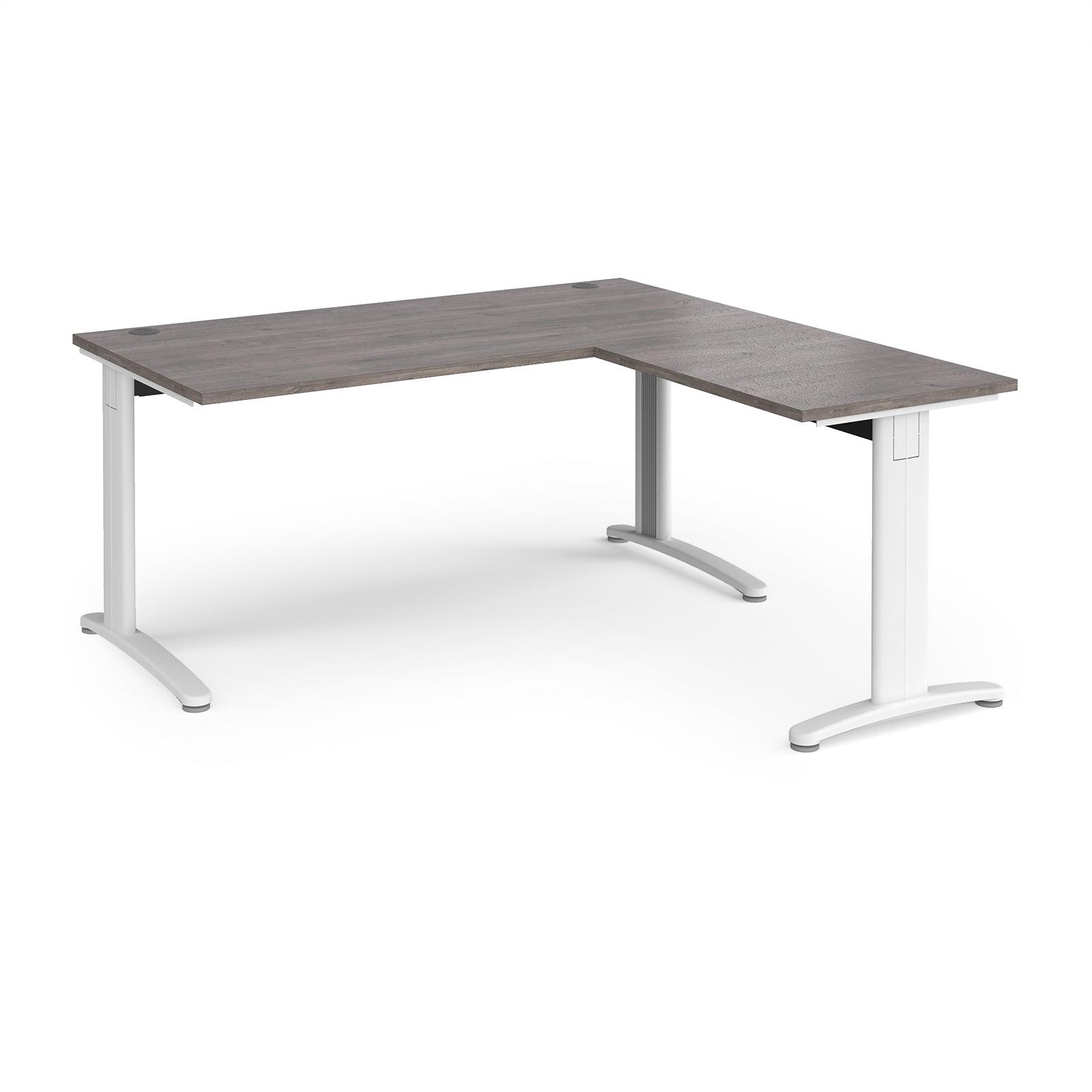 a desk with a white base and a gray top