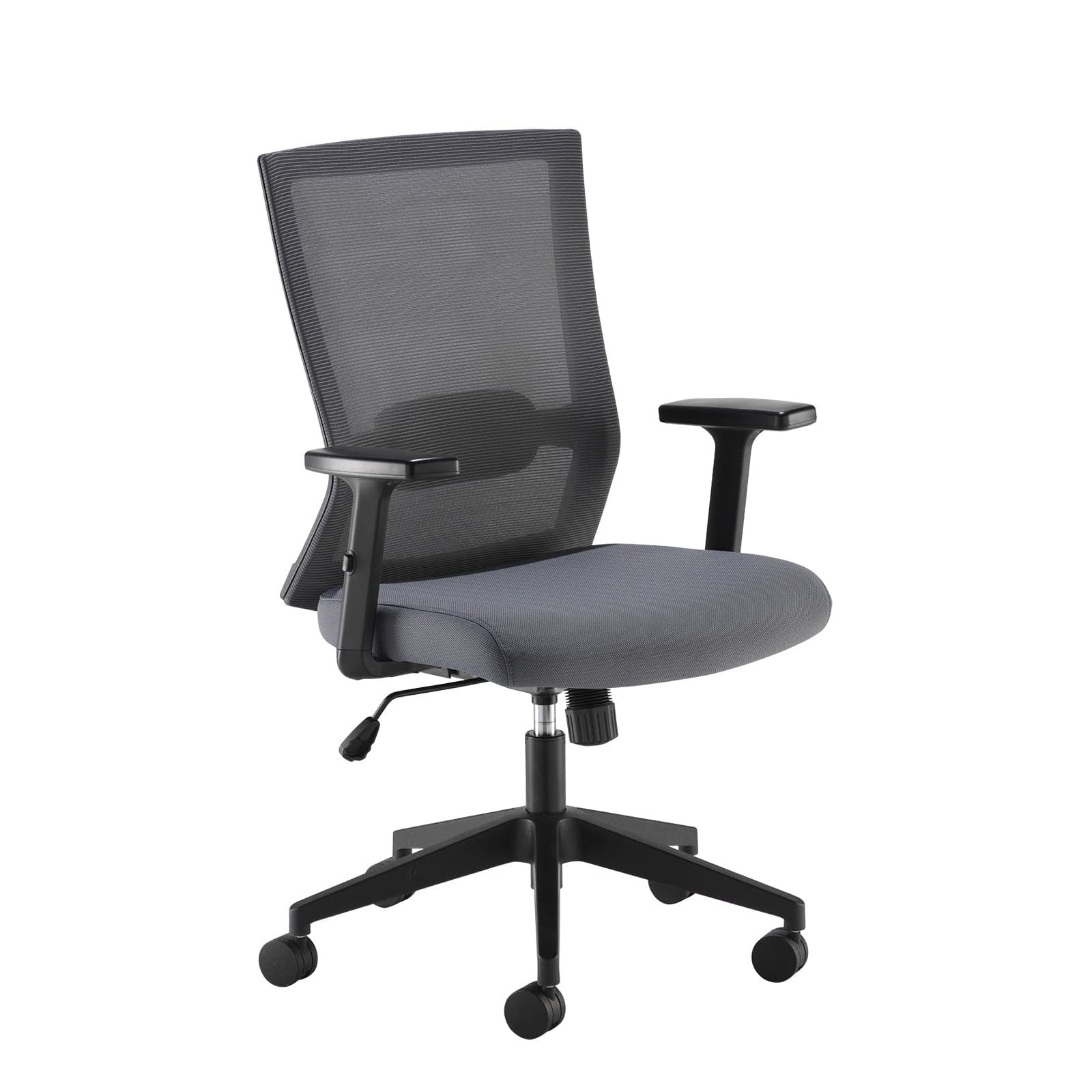 a gray office chair with a black base