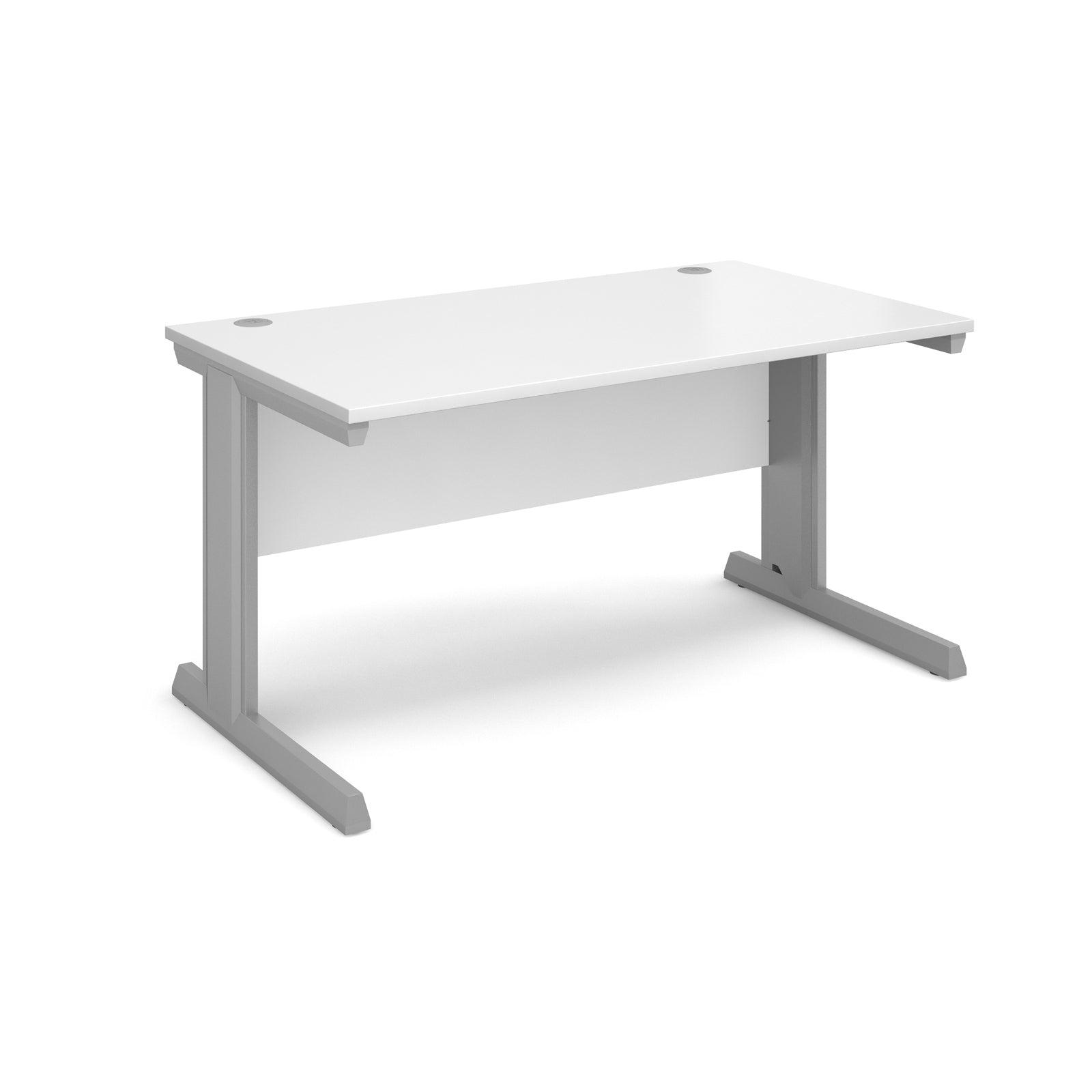 a desk with a white top and silver legs