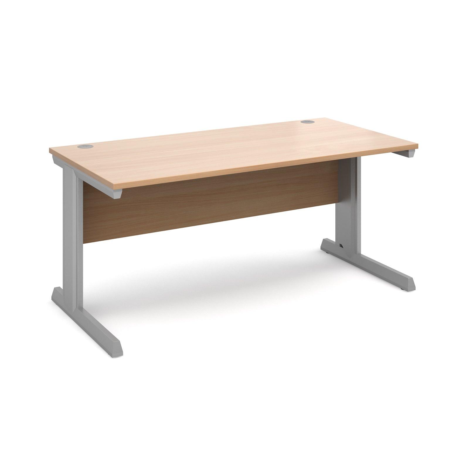 a desk with a wooden top and silver legs