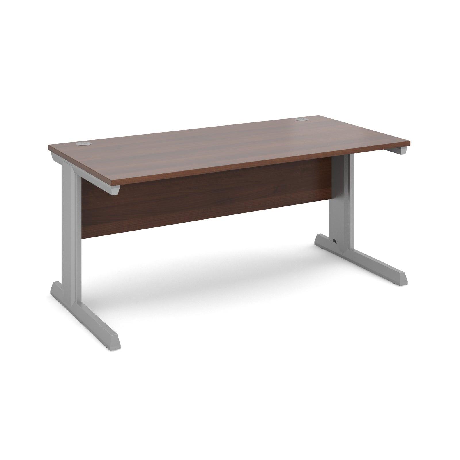 a desk with a wooden top and silver legs