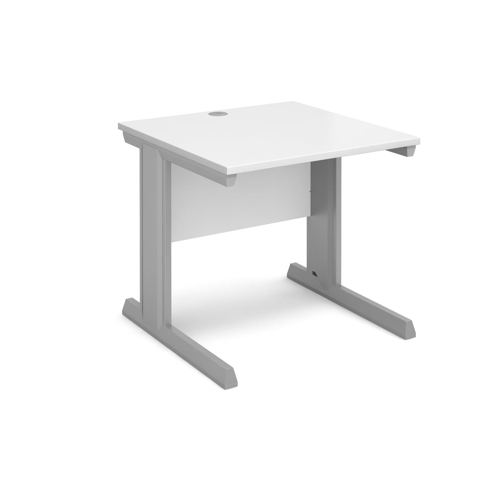 a desk with a white top and silver legs