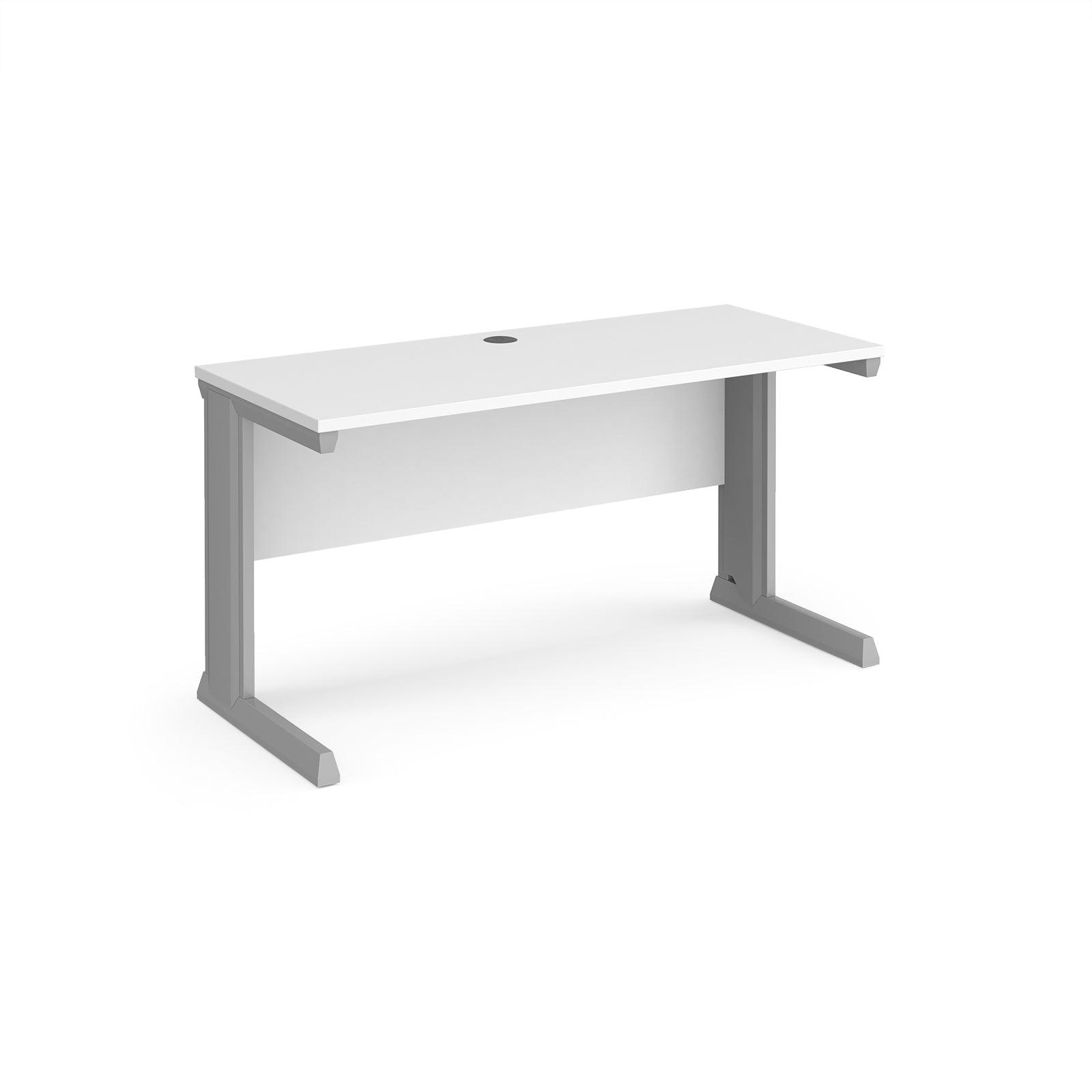 an office desk with a white top and silver legs