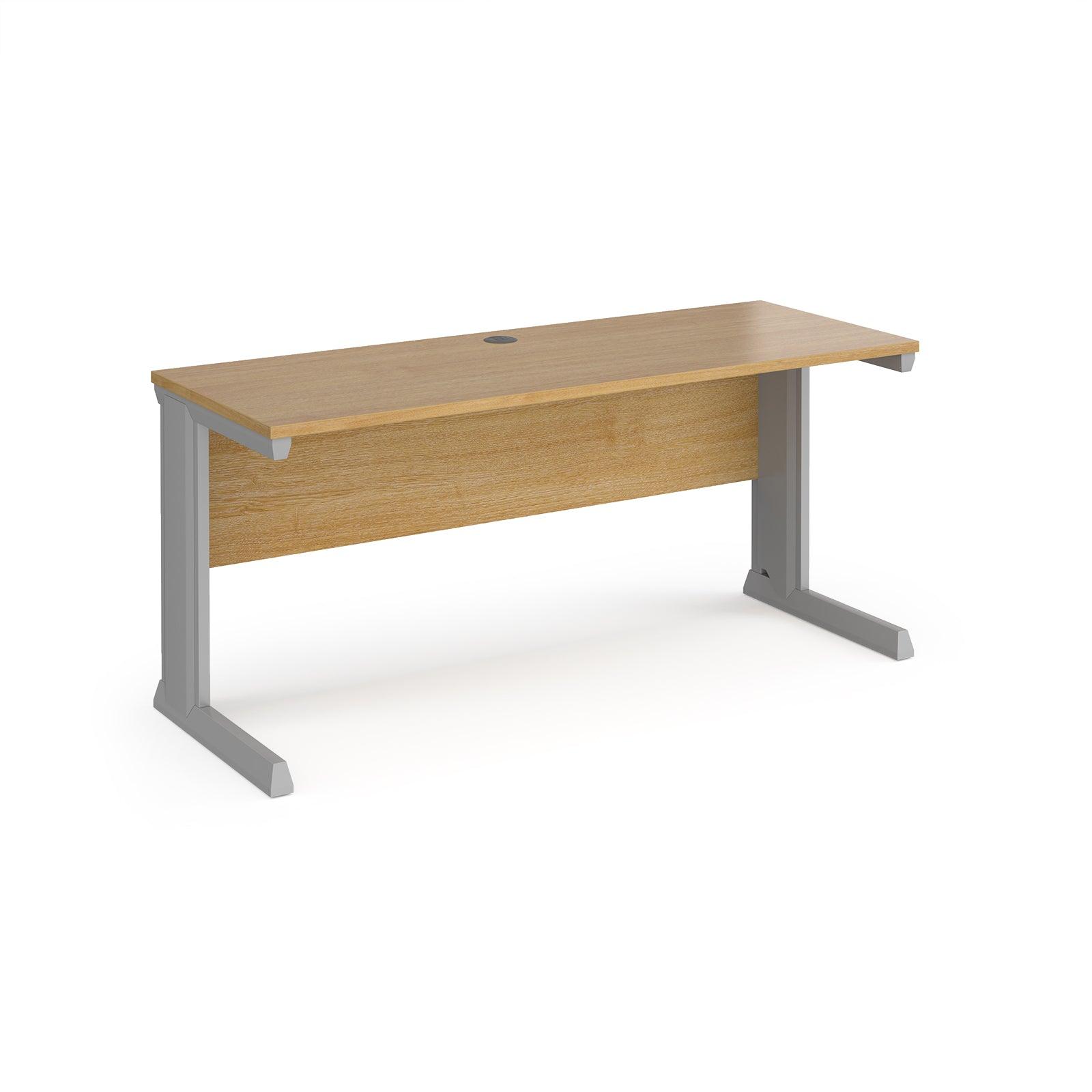 a wooden desk with metal legs on a white background