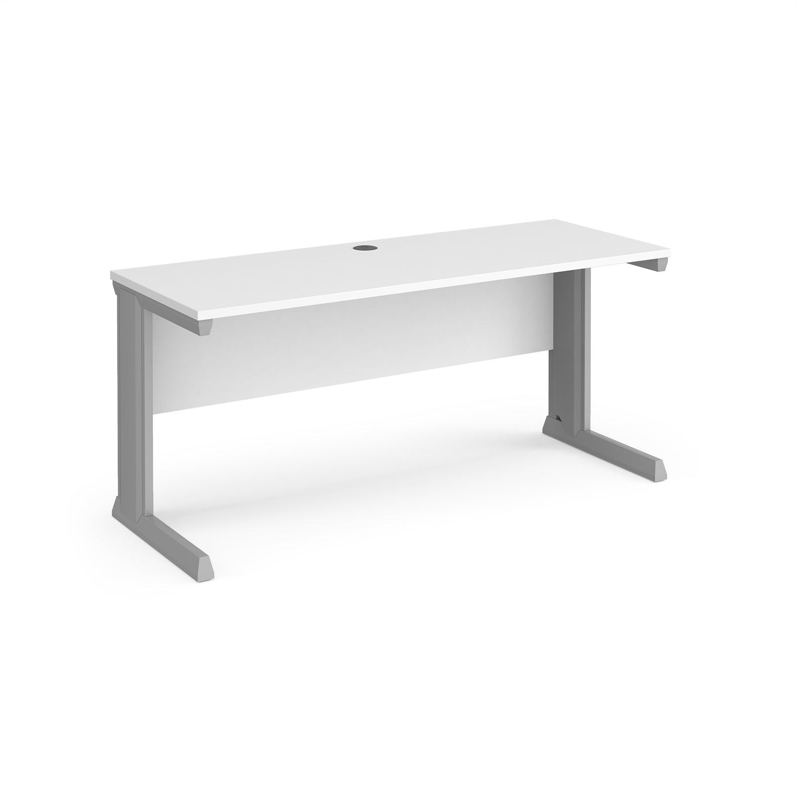 an office desk with a white top and silver legs